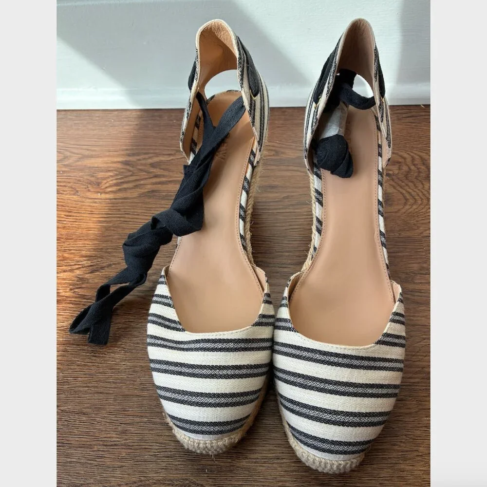 J. Crew NWOT Espadrille Wedges with Ankle Wrap in Stripe - Size 10